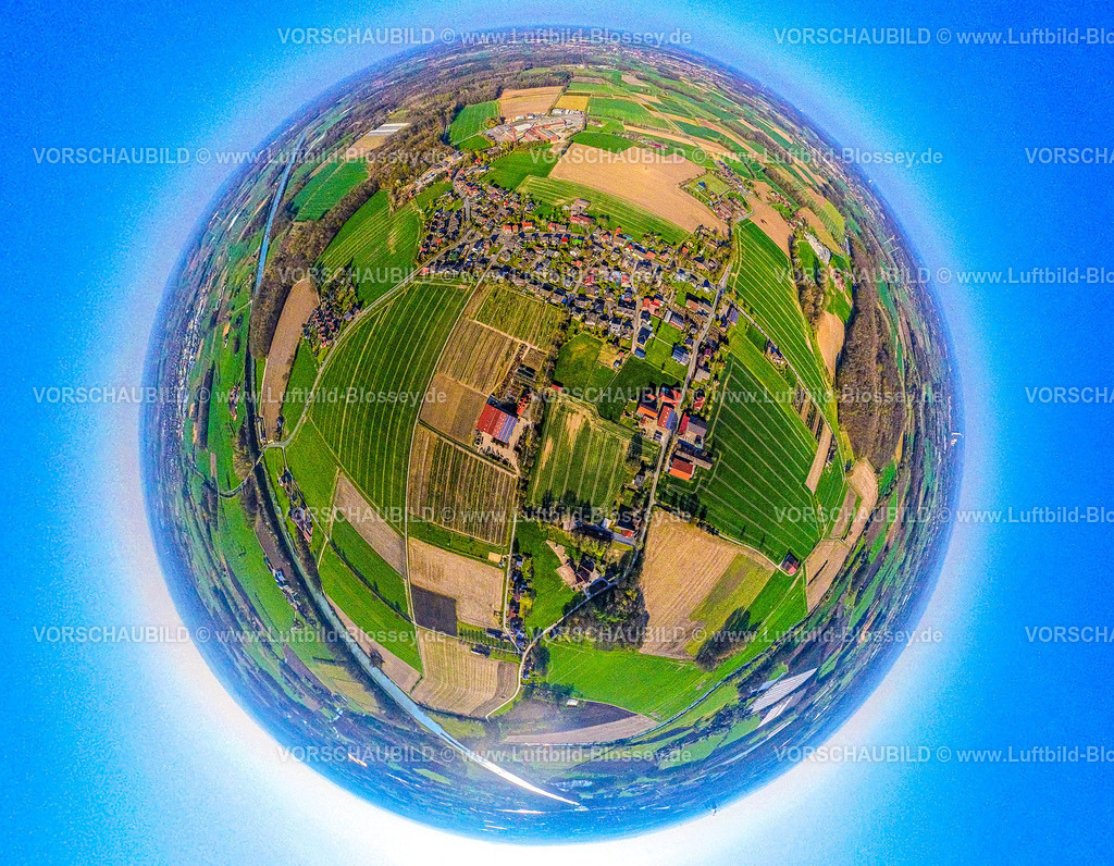 Olfen250490072Vinnum | Luftbild, Wohngebiet Ortsansicht Ortsteil Vinnum, umgeben von Wiesen und Feldern, Erdkugel, Fisheye Aufnahme, Fischaugen Aufnahme, 360 Grad Aufnahme, tiny world, little planet, fisheye Bild, Olfen-Kirchspiel, Olfen, Ruhrgebiet, Nordrhein-Westfalen, Deutschland