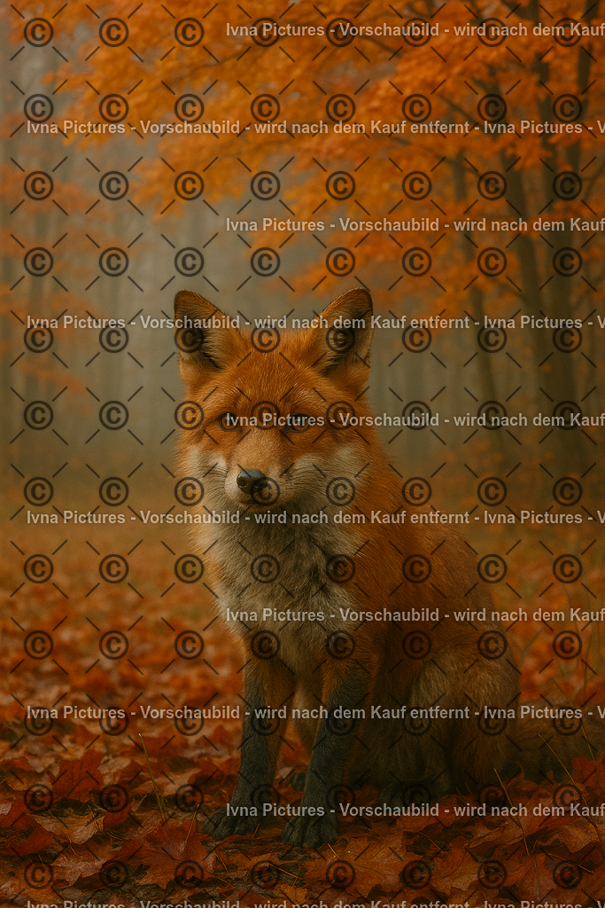 Fuchs im Herbstwald | in roter Fuchs sitzt still auf dem bunten Laub und blickt aufmerksam in die Kamera. Die warmen Herbstfarben unterstreichen seine natürliche Eleganz. - Realisiert mit Pictrs.com