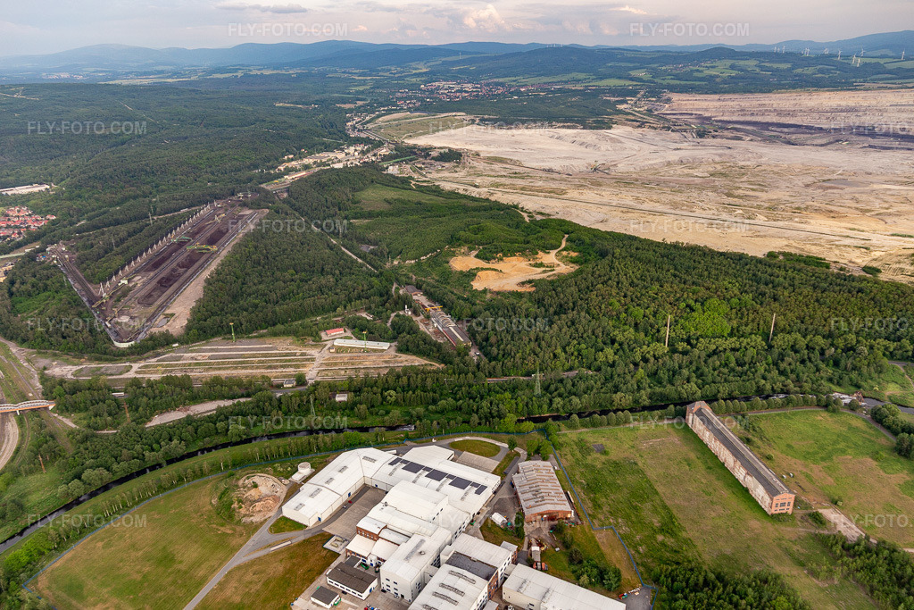 Aerial view: Coal dumps at the open-cast lignite mine 