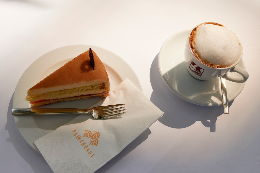 Palmenhaustorte mit Melange | Wien, Austria - August 22, 2017: Cafe Palmenhaus, Palmenhaustorte mit Melange. - Realisiert mit Pictrs.com