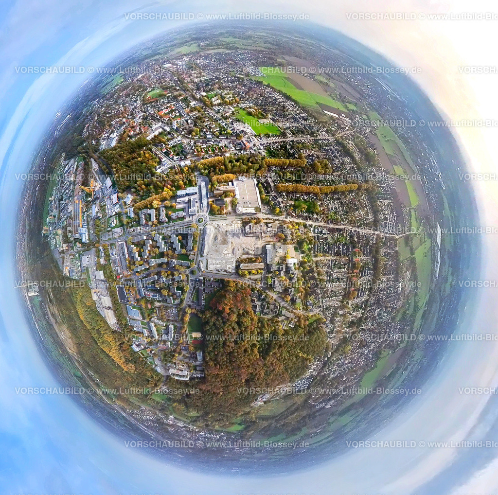 Bergkamen20221019_03_Mitte | Luftbild, City Innenstadtansicht, Baustelle Abrissgelände der ehemaligen Turmarkaden für geplantes Berg Karree, Fisheye Aufnahme, Fischaugen Aufnahme, 360 Grad Aufnahme, Weddinghofen, Bergkamen, Ruhrgebiet, Nordrhein-Westfalen, Deutschland