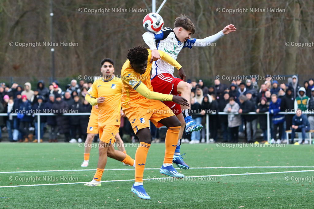 NH_HamburgerSVU19_TSG1899HoffenheimU19_JuniorenDFBPokal_17122023 | #7 Davis Rath (Hamburger SV U19), #10 Blessing Maleko Makanda (TSG 1899 Hoffenheim U19)

Viertelfinale I Junioren DFB-Pokal I 17.12.2023