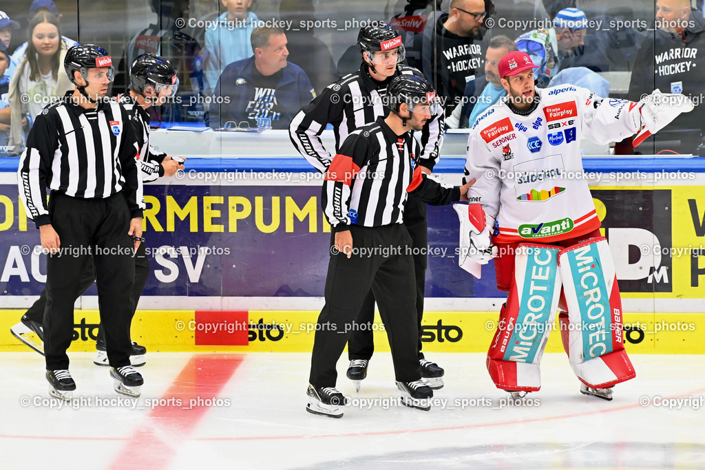 EC IDM Wärmepumpen VSV vs. HC Bozen 19.9.2023 | Drums Oto, Piragic Trpimir, Sternat Christoph, Konc Daniel, Referees, #35 Vallini Gianluca, win2day icehockeyleague, EC IDM Wärmepumpen - HC Bozen  am 19.09.2023 in Villach (Stadhalle Villach), Austria, (Photo by Bernd Stefan)
