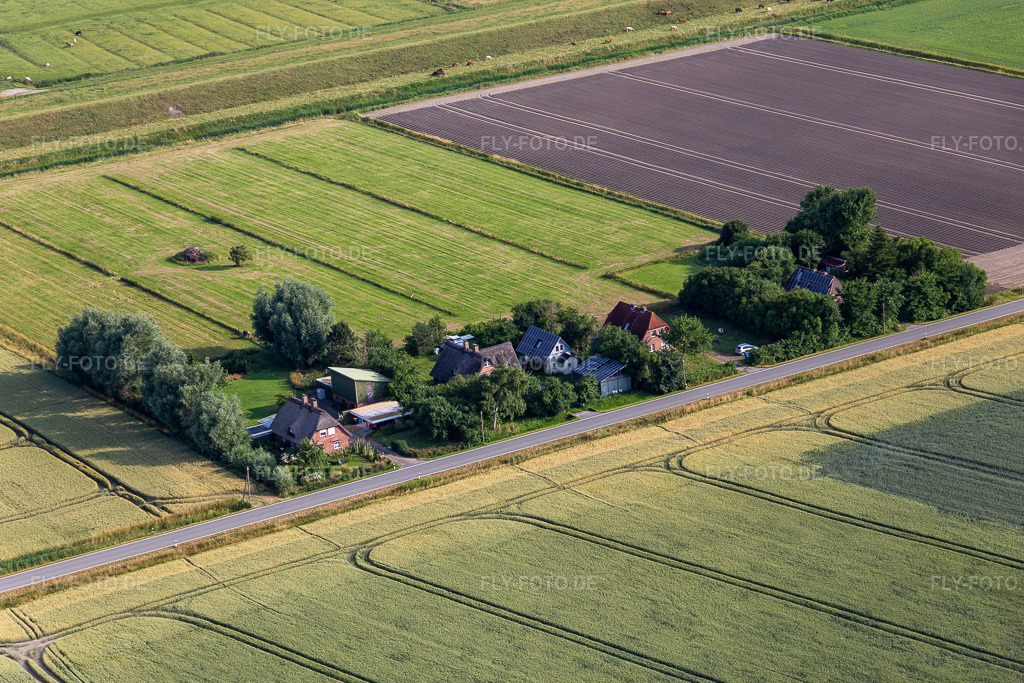 Luftbild: ehemalige Deichwärterhöfe an der Schülpersieler Straße in Wesselburenerkoog im Bundesland Schleswig-Holstein in Deutschland. Foto: IMG_0007169.jpg vom 11.07.2021 durch Werner Riehm/FLY-FOTO.de