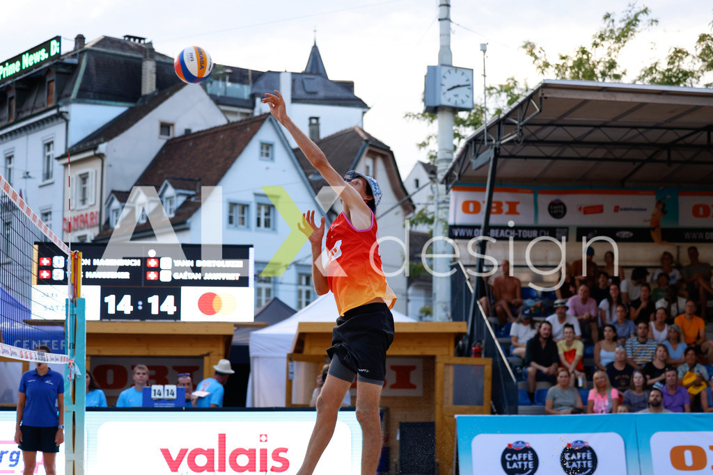 Obi BeachTour 2026 - Basel | BASEL, SWITZERLAND - JULY 17: SIMON HAGENBUCH (SUI) attack / spike during the Obi BeachTour 2026 match between HAGENBUCH / HAUSSENER (SUI) and BORTOLUZZI / JAUFFRET (SUI) at Barfüsserplatz on July 17, 2026 in Basel, Switzerland. - Realisiert mit Pictrs.com