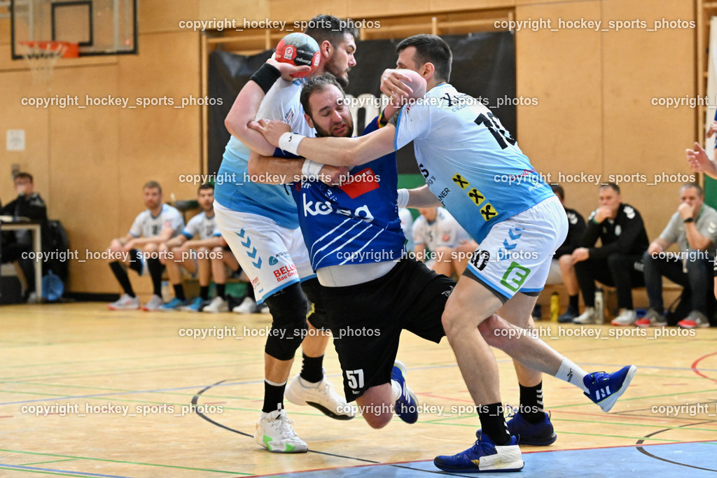 SC Ferlach vs. HSG Bärnbach/Köflach 30.3.2024 | #56 Beciri Kristian HSG Bärnbach, #57 LEBAN Patrik SC Ferlach, #10 Perkusic Toni HSG Bärnbach, SC Ferlach vs. HSG Bärnbach/Köflach 30.3.2024, SC Ferlach vs. HSG Bärnbach/Köflach am 30.03.2024 in Ferlach (Ballspielhalle Ferlach), Austria, (Photo by Bernd Stefan)