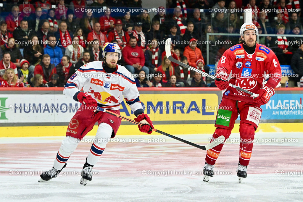 EC KAC vs. EC Red Bull Salzburb | #18 Stapelfeldt Paul EC RED BULL SALZBURG,  #8 Petersen Nicholas Eric EC KAC, EC KAC vs. EC Red Bull Salzburb, EC KAC vs. EC Red Bull Salzburb am 04.04.2025 in Klagenfurt (Heidi Horten Arena), Austria, (Photo by Bernd Stefan)