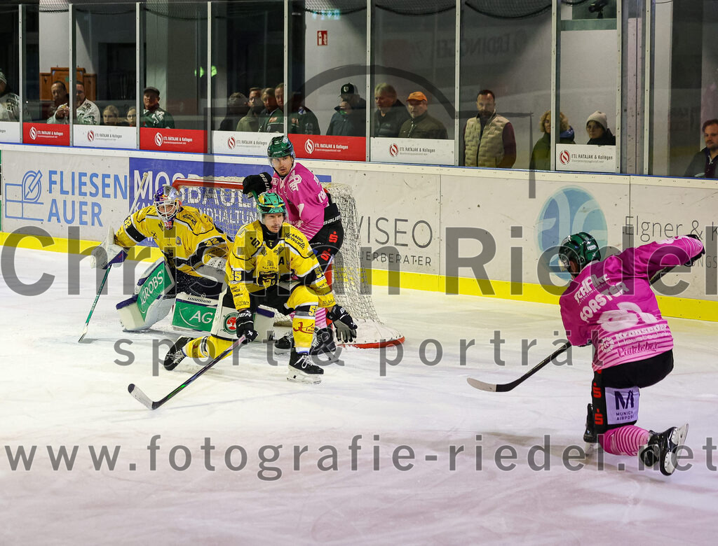 2025-10-28_119_TSV_Erding_gegen_Toelzer_Loewen | Erding, Deutschland, 28.10.2025:Eishockey, Oberliga Süd 2025 / 2026, 13. Spieltag, TSV Erding gegen Tölzer Löwen, Endergebnis: 2:5Torwart Matthias Bittner (Tölzer Löwen, #32), Florian Krumpe (Tölzer Löwen, #55), Louis Trattner (Erding Gladiators, #7), Maximilian Forster (Erding Gladiators, #81)Foto: Christian Riedel / fotografie-riedel.net