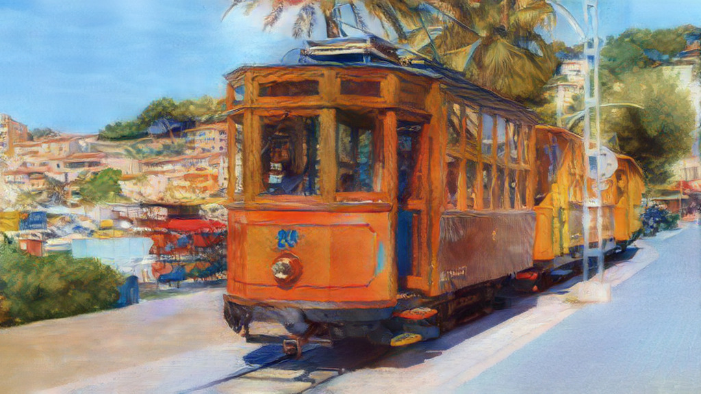 "Along the Orange Line" | A historic tram becomes the vibrant centre of this painterly interpretation, its warm orange tones standing out against the soft blues and greens of the Mediterranean surroundings. Brush-like textures soften the details while preserving the unmistakable character of the old railway, turning a familiar travel scene into a colourful impression of Mallorca — nostalgic, sunlit, and full of southern charm. - Realisiert mit Pictrs.com