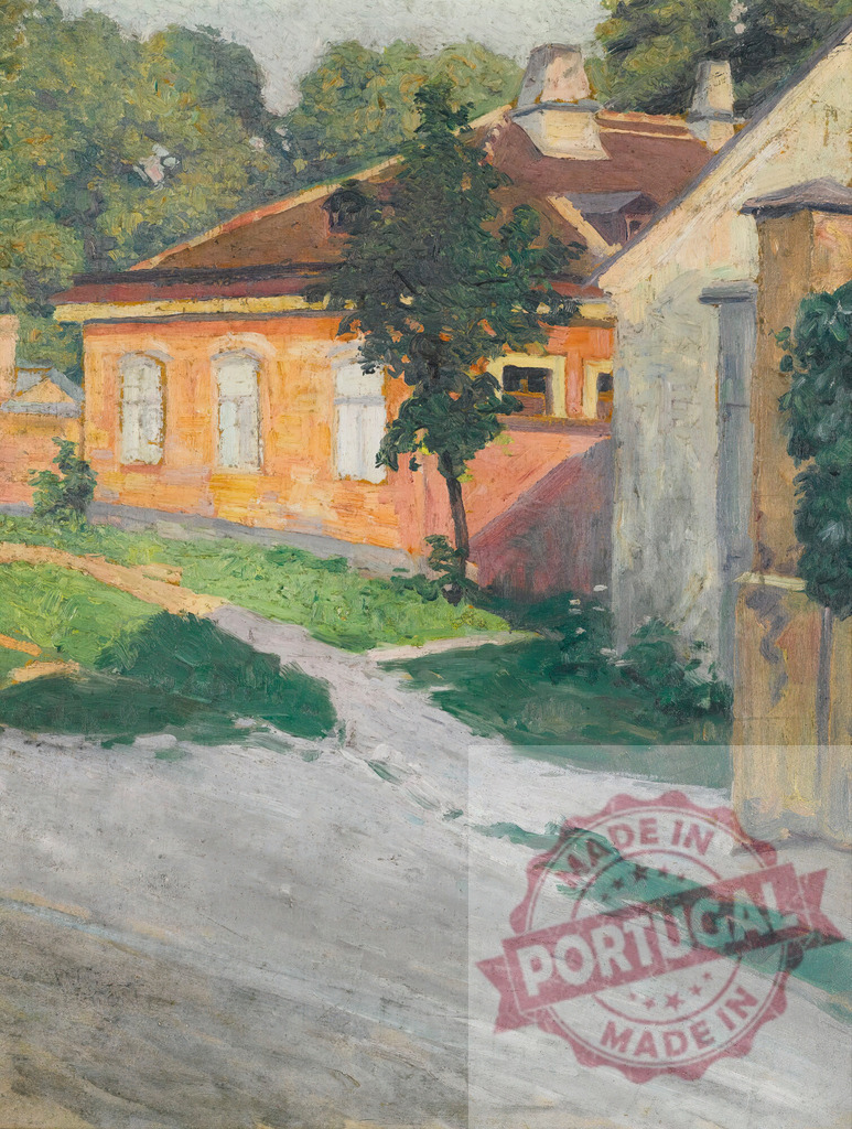 Egon Schiele Village street painting with houses and trees | Impressionistic painting showing a quiet village street with an orange house and lush green trees - Realisiert mit Pictrs.com