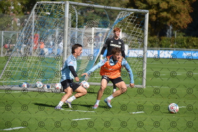 RGE_5966 (2) | Hertha BSC, 2.Bundesliga, Herren, Saison 2025/26, Training, von li. Michal Karbownik ( Hertha BSC ), Maurice Krattenmacher ( Hertha BSC ),   Fotograf:  Ralf Gebhardt - Realisiert mit Pictrs.com