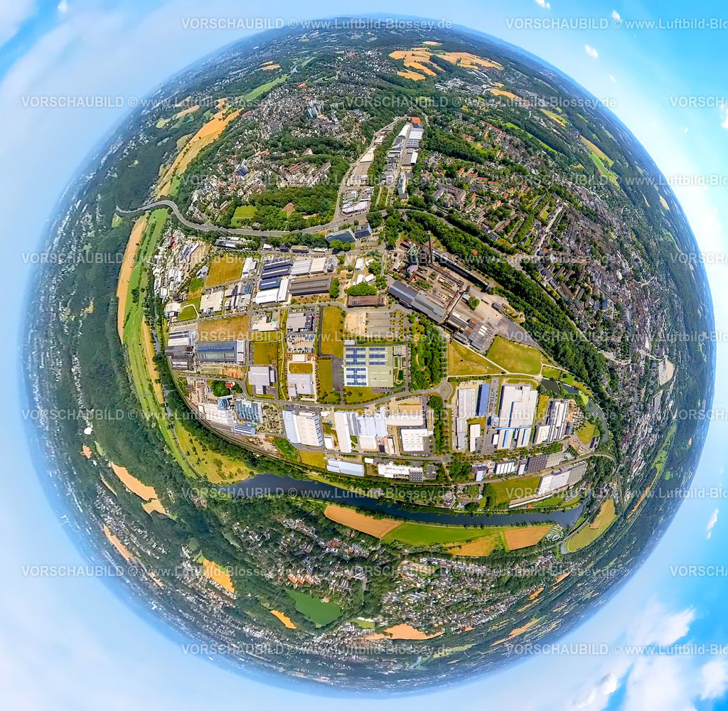 Hattingen230790256_Gewerbegebiet Henrichshuette | Luftbild, Gewerbegebiet Henrichshütte, Landschaftspark und Industriemusem, Erdkugel, Fisheye Aufnahme, Fischaugen Aufnahme, 360 Grad Aufnahme, tiny world, Welper, Hattingen, Ruhrgebiet, Nordrhein-Westfalen, Deutschland