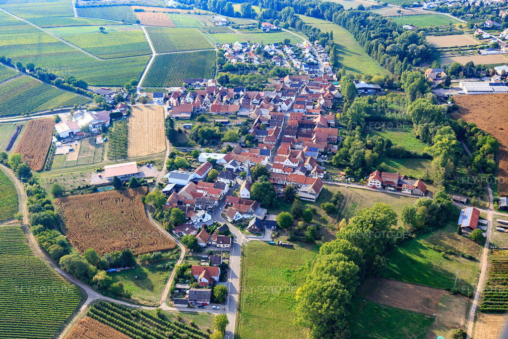 Luftbild: Ortsansicht von Südosten im Ortsteil Klingen in Heuchelheim-Klingen im Bundesland Rheinland-Pfalz in Deutschland. Foto: IMG_111733.jpg vom 16.09.2018 durch Werner Riehm/FLY-FOTO.de
