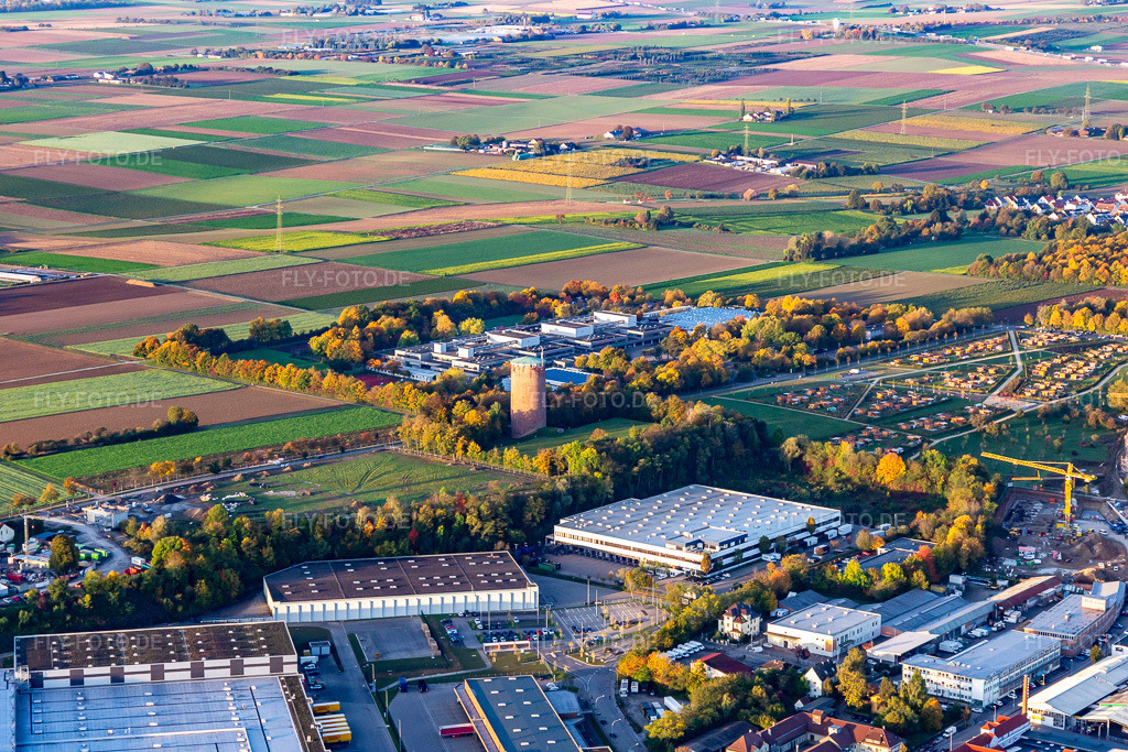 Luftbild: Wasserturm, Römerhügel, Schulzentrum im Ortsteil Pflugfelden in Ludwigsburg im Bundesland Baden-Württemberg in Deutschland. Foto: IMG_119045.jpg vom 14.10.2019 durch Werner Riehm/FLY-FOTO.de