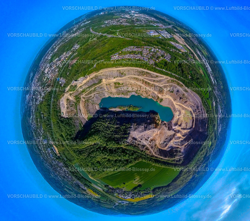 Hagen240590248SteinbruchDonnerkuhle | Luftbild, Steinbruch Donnerkuhle Hagen Halden mit Waldgebiet Naturschutzgebiet Ochsenkamp, Blick auf Ortsteil Herbeck, Erdkugel, Fisheye Aufnahme, Fischaugen Aufnahme, 360 Grad Aufnahme, tiny world, little planet, fisheye Bild, Lennetal, Hagen, Ruhrgebiet, Nordrhein-Westfalen, Deutschland