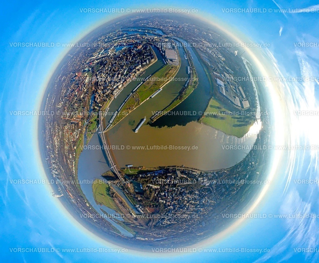 Duisburg241290118RuhrmuendungTOPAZ | Luftbild, Mündungsraum Fluss Ruhr, Fluss Rhein mit Blick zum Duisburger Hafen duisport, Erdkugel, Fisheye Aufnahme, Fischaugen Aufnahme, 360 Grad Aufnahme, tiny world, little planet, fisheye Bild, Ruhrort, Duisburg, Ruhrgebiet, Nordrhein-Westfalen, Deutschland