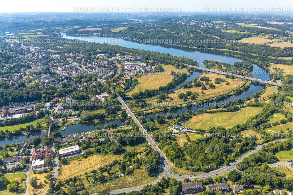 Witten220808972 | Luftbild, Herbeder Ruhrbrücke und kleine Lakebrücke mit Fluss Ruhr, oben die Autobahnbrücke A43 und Kemnader See, Heven, Witten, Ruhrgebiet, Nordrhein-Westfalen, Deutschland