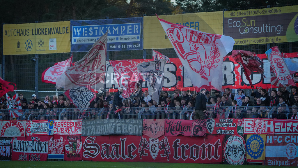 Fußball, Herren, Saison 2025/2026, Regionalliga Nordost, 22. Spieltag, FSV 63 Luckenwalde vs. Hallescher FC, Dienstag 07.04.2026, Werner-Seelenbinder-Stadion Luckenwalde, | Fußball, Herren, Saison 2025/2026, Regionalliga Nordost, 22. Spieltag, FSV 63 Luckenwalde vs. Hallescher FC, Dienstag 07.04.2026, Werner-Seelenbinder-Stadion Luckenwalde, Im Bild: Die mitgereisten Fans des HFC in Luckenwalde - Realisiert mit Pictrs.com