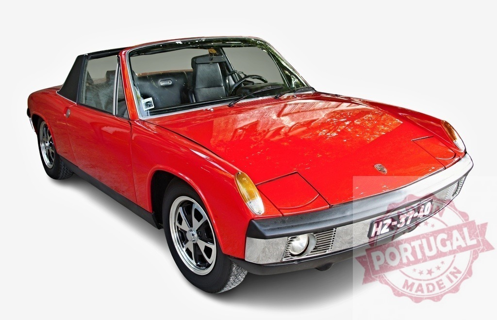Red Porsche 914 vintage sports car isolated | Red Porsche 914 classic sports car with convertible top on a white background - Realized with Pictrs.com