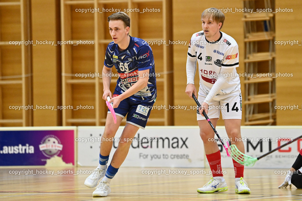 VSV Unihockey vs. KAC Floorball | #59 Nino Forelli VSV Unihockey, #14 Pascual Fina KAC Floorball, VSV Unihockey vs. KAC Floorball, VSV Unihockey vs. KAC Floorball am 28.03.2026 in Villach (Ballspielhalle St. Martin), Austria, (Photo by Bernd Stefan)