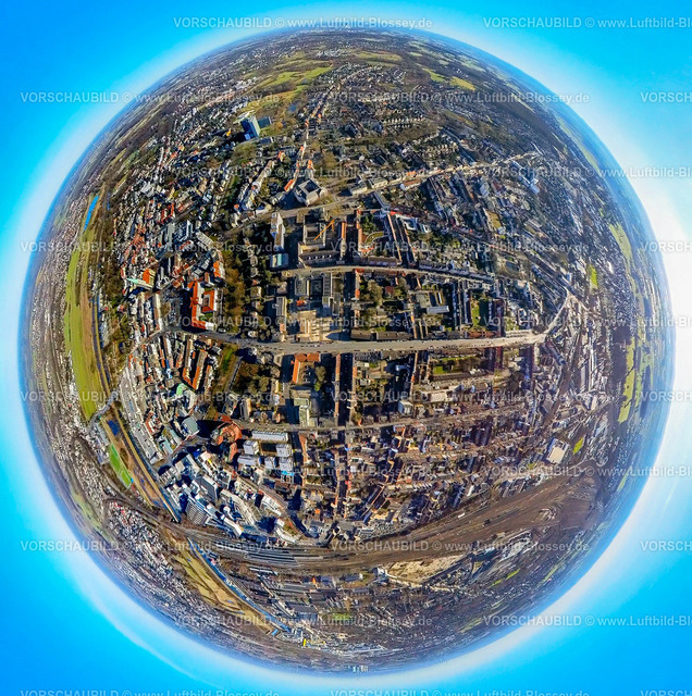 Hamm240190124Sueden_Goethestrasse-2 | Luftbild, Ortsansicht Wohngebiet Hamm-Süden, Innenstadtansicht City mit Goethestraße, Hauptbahnhof Hbf,  Erdkugel, Fisheye Aufnahme, Fischaugen Aufnahme, 360 Grad Aufnahme, tiny world, little planet, fisheye Bild, Mitte, Hamm, Ruhrgebiet, Nordrhein-Westfalen, Deutschland