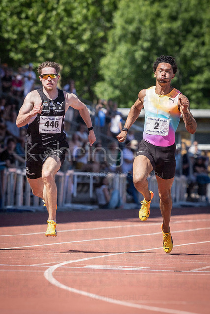 B&amp;S Kurpfalz Gala; Weinheim, 23.05.2026 | WEINHEIM, GERMANY - MAY 24: Kevin Kranz (GER/Sprintteam Wetzlar) and Joshua Hartmann (GER/ASV Köln e. V.) battling for the win over 100m during the B&amp;S Kurpfalz Gala am 23.05.2026 at the  Sepp-Herberger-Stadium in Weinheim (Baden-Wuerttemberg / Germany).
