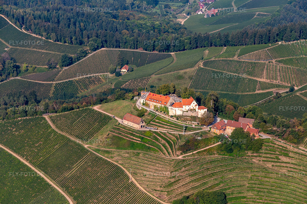 Luftbild: Weinguts und Restaurants Schloss Staufenberg im Ortsteil Heimbach in Durbach im Bundesland Baden-Württemberg in Deutschland. Foto: IMG_008946.jpg vom 20.09.2020 durch Werner Riehm/FLY-FOTO.de