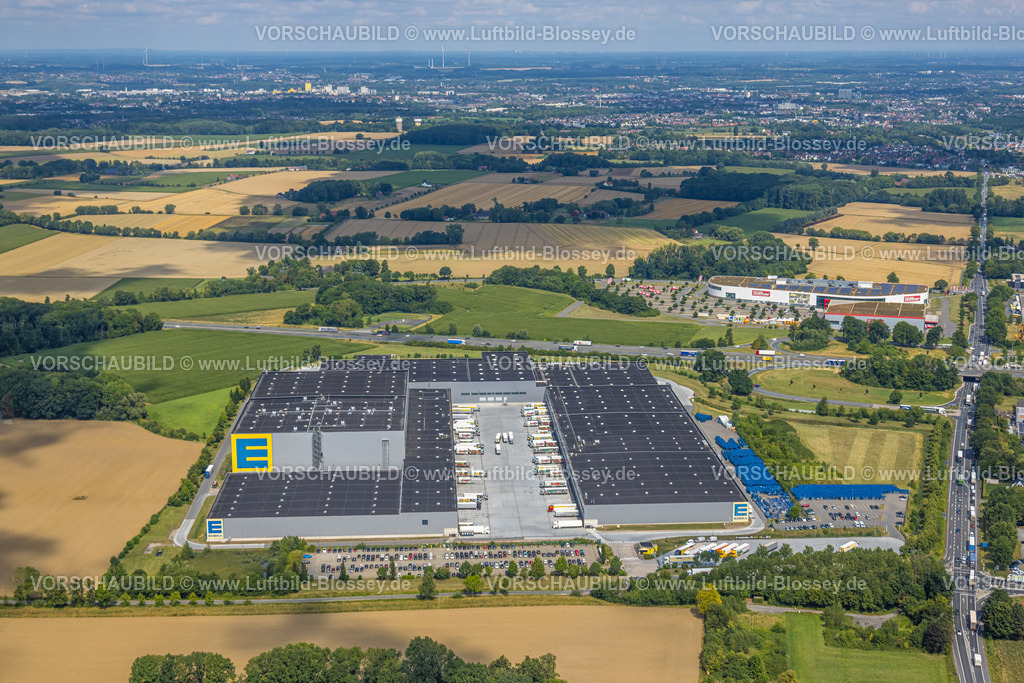 Hamm250701909Rhynern | Luftbild, Edeka Zentrallager, hinten Möbel Höffner Einrichtungshaus und Parkplatz, getrennt von der Autobahn A2 und Anschlussstelle Hamm, Stadtbezirk Rhynern, Hamm, Ruhrgebiet, Nordrhein-Westfalen, Deutschland