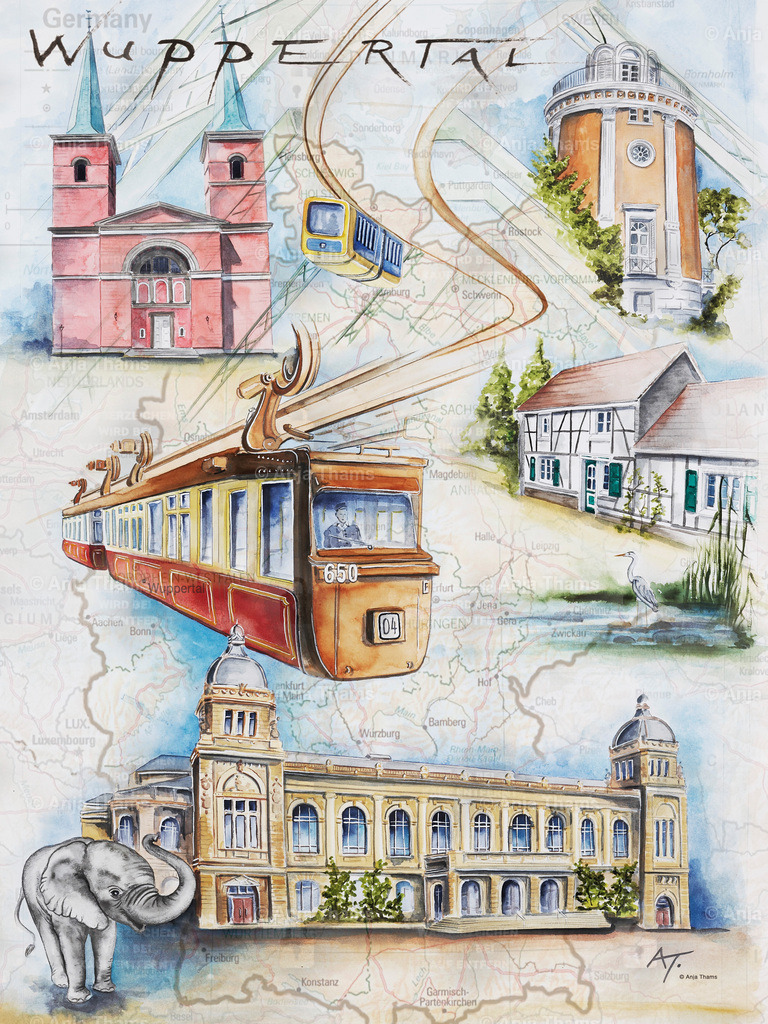 Wuppertaler Sehenswürdigkeiten | Dieses liebevoll gestaltetete Stadtposter stellt einige der bekanntesten Wuppertaler Sehenswürdigkeiten vor:

Die Laurentiuskirche, den Elisenturm im botanischen Garten, die Stadthalle und die Schwebebahn mit dem historischen Kaiserwagen. Natürlich darf auch ein typisch bergisches Fachwerkhaus nicht fehlen. - Realisiert mit Pictrs.com