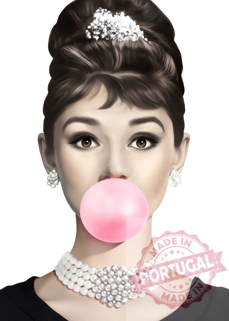 Audrey Hepburn portrait blowing pink bubble gum | Stylized portrait of a woman resembling Audrey Hepburn blowing a pink bubblegum bubble - Realisiert mit Pictrs.com