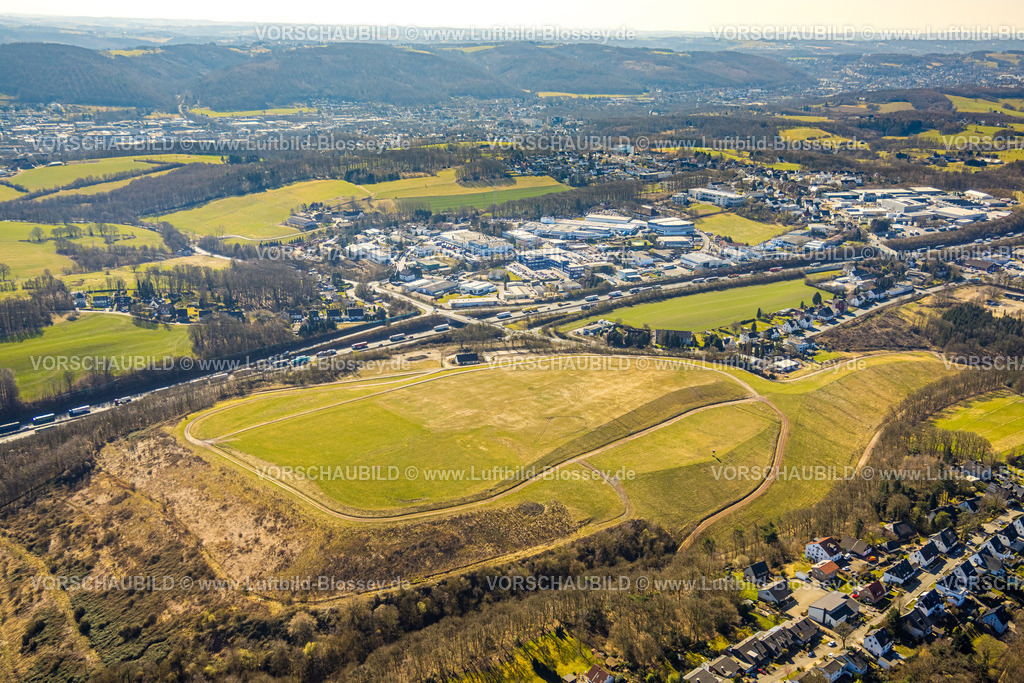 Wetter250303729Volmarstein | Luftbild, Kippe Projektentwicklung Enerke GmbH An der Kohlenbahn, Autobahn A1 mit Verkehrsstau, Grundschöttel, Wetter, Ruhrgebiet, Nordrhein-Westfalen, Deutschland