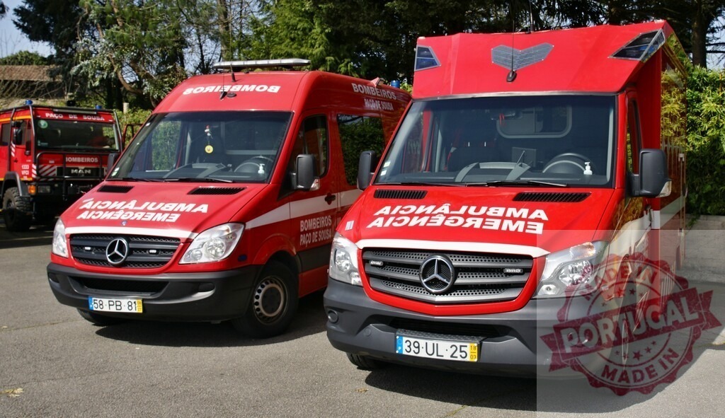 Portuguese emergency medical and rescue services vehicles | Two red Mercedes-Benz ambulances and a fire truck parked outdoors - Realized with Pictrs.com