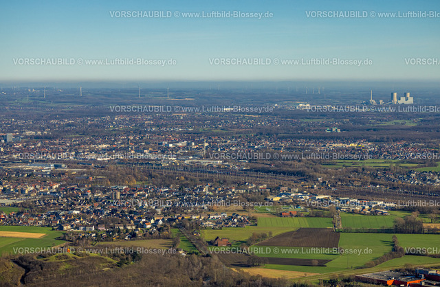 Hamm230204742 | Luftbild, Blick von Daberg und Rangierbahnhof über Hamm zum RWE Kraftwerk Westfalen, Stadtbezirk Pelkum, Hamm, Ruhrgebiet, Nordrhein-Westfalen, Deutschland