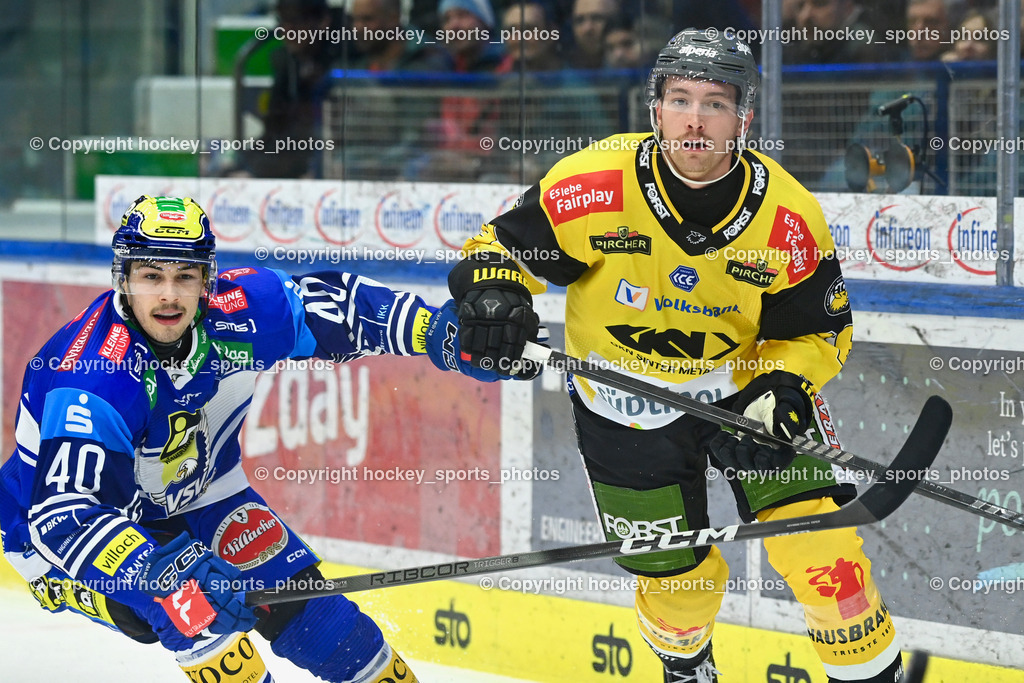 EC IDM Wärmepumpen VSV vs. HC Pustertal | #40 WALLENTA Elias EC VSV, #36 Osmanski Austin Michael HC PUSTERTAL, EC IDM Wärmepumpen VSV vs. HC Pustertal, EC IDM Wärmepumpen VSV vs. HC Pustertal am 15.11.2024 in Villach (Stadthalle Villach), Austria, (Photo by Bernd Stefan)