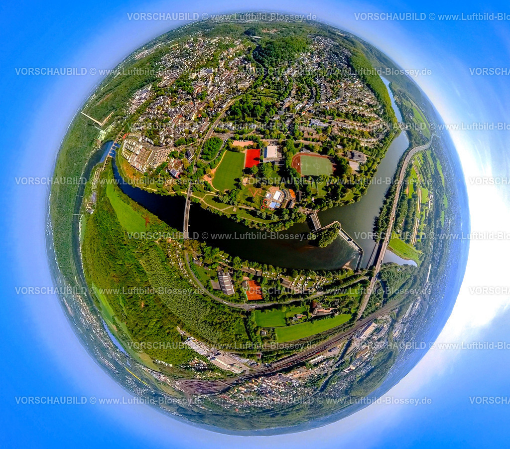 Herdecke240590185Mitte_Ruhrauen_Bleichstein | Luftbild, Stadtansicht Wohngebiet Herdecke,  Fluss Ruhr und Ruhraue, Quartier Ruhr-Aue, Sportstadion und Freizeitzentrum Bleichstein, Realschule am Bleichstein und Werner Richard Schule, Hengsteysee mit Autobahn A1, Volmemündung am Kraftwerk Stiftsmühle Wasserkraftwerk, Erdkugel, Fisheye Aufnahme, Fischaugen Aufnahme, 360 Grad Aufnahme, tiny world, little planet, fisheye Bild, , Herdecke, Ruhrgebiet, Nordrhein-Westfalen, Deutschland