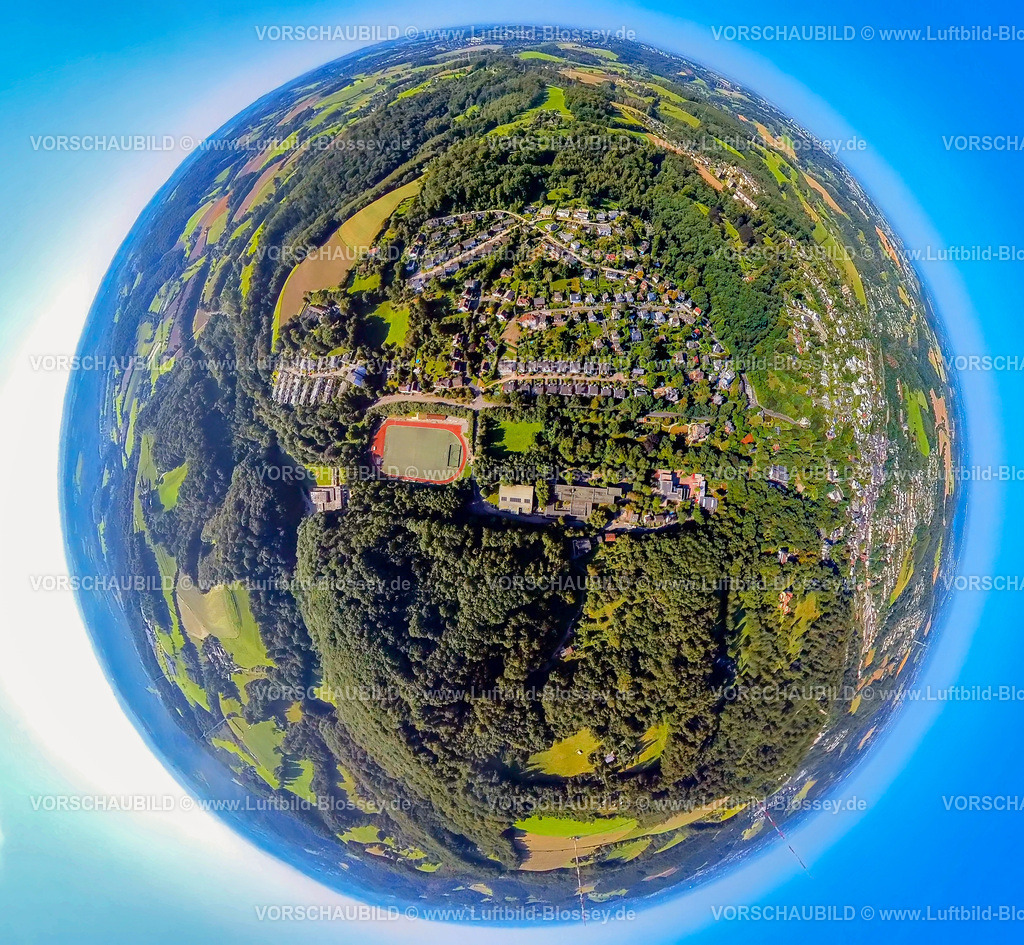 Velbert240890708Langenberg | Luftbild, Wohngebiet Ortsansicht und Wald, Fußballstadion Sportanlage Nizzatal und Gymnasium Velbert-Langenberg, Erdkugel, Fisheye Aufnahme, Fischaugen Aufnahme, 360 Grad Aufnahme, tiny world, little planet, fisheye Bild, Langenberg, Velbert, Ruhrgebiet, Nordrhein-Westfalen, Deutschland