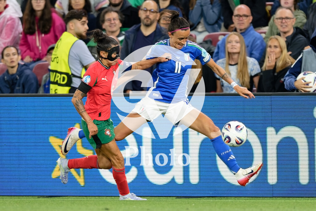 Portugal v Italy - UEFA Women's EURO 2025 Group B | GENEVA, SWITZERLAND - JULY 7:  Ana Borges of Portugal and Barbara Bonansea of Italy fight for possession  during the UEFA Women's EURO 2025 Group B match between Portugal and Italy at Stade de Geneve on July 7, 2025 in Geneva, Switzerland. (Photo by Giuseppe Velletri/Sports Press Photo/Getty Images)