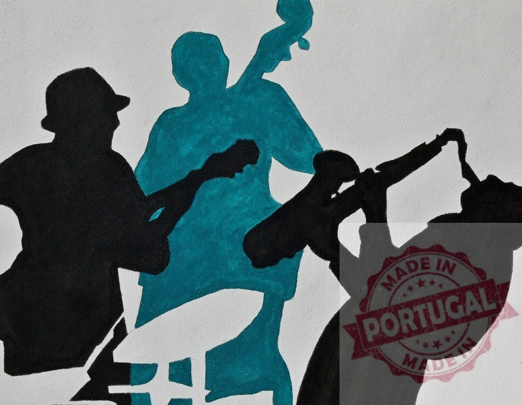 Jazz band playing music with saxophone, drums, double bass | Jazz musicians playing instruments in abstract teal and black silhouette painting - Realized with Pictrs.com