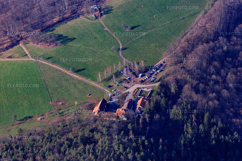 Aerial view: Gimbelhof in Lembach in the state Bas-Rhin, France. – Photo: IMG_086699.jpg taken on 03/26/2016 by Werner Riehm/FLY-FOTO.com – Resolution of the original: 5472 x 3648 px