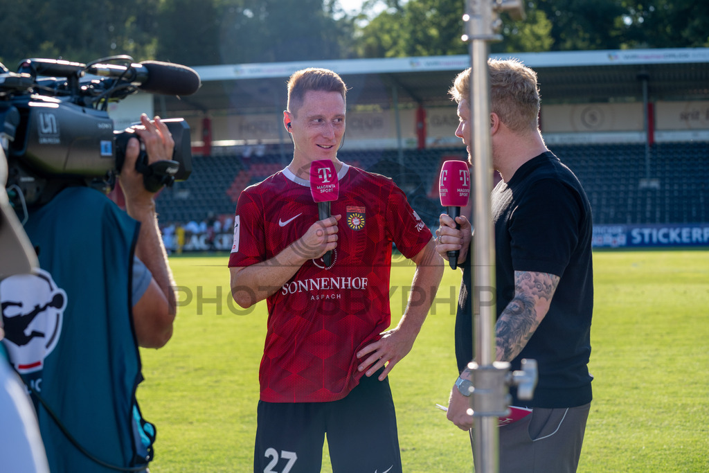 SG Sonnenhof Großaspach vs. Fortuna Köln, Fussball, 3. Liga, 1. Spieltag, 08.08.2026 | Loris Maier (SG Sonnenhof Großaspach, #27) im Interview mit MagentaTV,SG Sonnenhof Großaspach vs. Fortuna Köln, Fussball, 3. Liga, 1. Spieltag, 08.08.2026,DFB regulations prohibit any use of photographs as image sequences and/or quasi-video