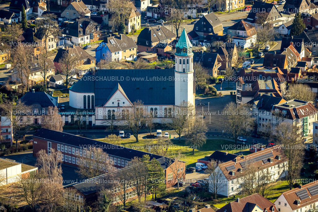 Castrop-Rauxel240106915 | Luftbild, Wohngebiet und kath. St. Josef KIrche mit der Grundschule Erich-Kästner-Schule, Habinghorst, Castrop-Rauxel, Ruhrgebiet, Nordrhein-Westfalen, Deutschland