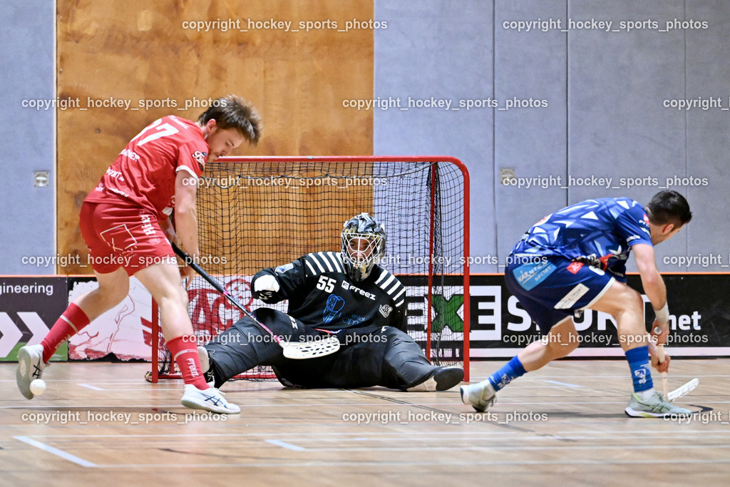 KAC Floorball vs. VSV Unihockey | #87 Fabian Grabner KAC Floorball, #55 Maximilian Obereder KAC Floorball, #6 Timo Schmid VSV Unihockey, KAC Floorball vs. VSV Unihockey, KAC Floorball vs. VSV Unihockey am 21.03.2026 in Klagenfurt (Ballspielhalle Waidmannsdorf), Austria, (Photo by Bernd Stefan)