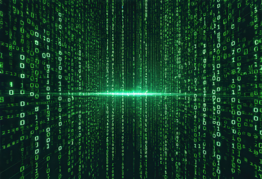 Wandbild: Codewelt  in Grün und Schwarz | Dieses ikonische Wandbild zeigt einen digitalen Code-Regen in leuchtendem Grün auf schwarzem Hintergrund. Ideal für Technikfans, Gamer, IT-Profis oder alle, die die Faszination für digitale Welten visuell in Szene setzen möchten. Dieses Motiv bringt futuristische Atmosphäre in jedes moderne Wohn- oder Arbeitszimmer. KI-generierte Inhalte.