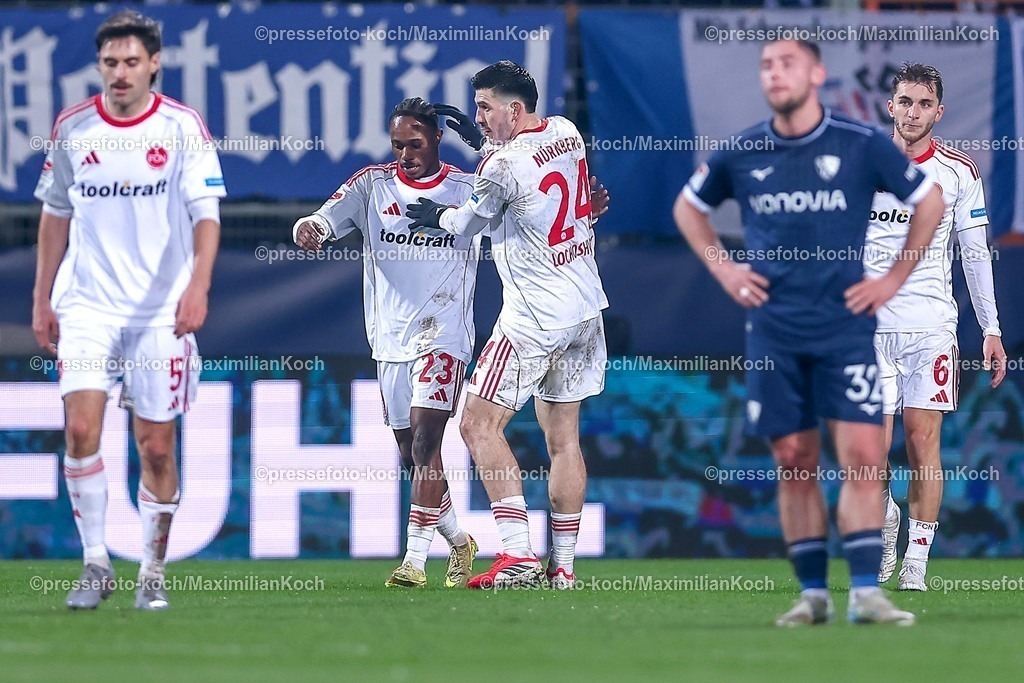 BOC20022601044 | 20.02.2026, Fußball, VfL Bochum - 1. FC Nürnberg, 2. Fußball Bundesliga, 23. Spieltag, Vonovia Ruhrstadion, Saison 2025 2026: Torjubel nach dem Tor zum 1:0 durch Torschütze Mohamed Alì Zoma&nbsp;(1FC Nuernberg #23) zusammen mit Luka Lochoshvili&nbsp;(1FC Nuernberg #24)  DFB regulations prohibit any use of photographs as image sequences and or quasi-video.