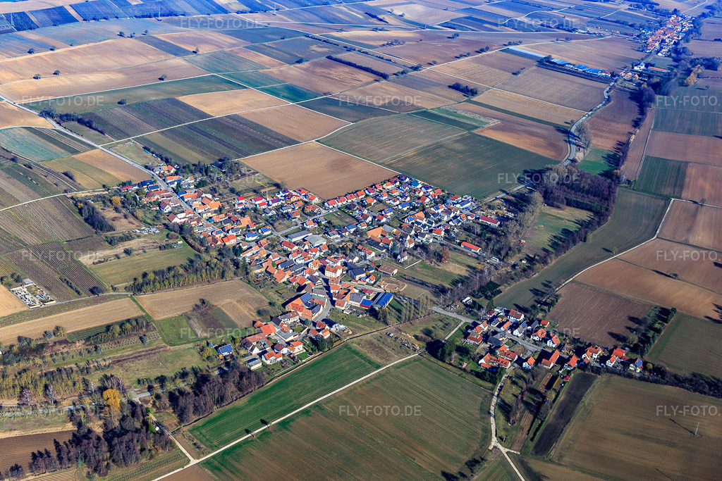 Luftbild: Dorfansicht im Winter aus Südwesten in Steinfeld im Bundesland Rheinland-Pfalz in Deutschland. Foto: IMG_112657.jpg vom 16.02.2019 durch Werner Riehm/FLY-FOTO.de
