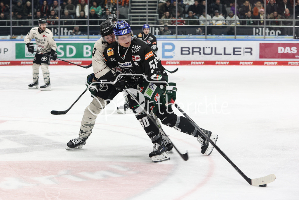 Augsburger Panther - Kölner Haie | Jan Luca SENNHENN (KEC #17) im Duell mit Alexander OBLINGER (AEV #50) / Zweikampf