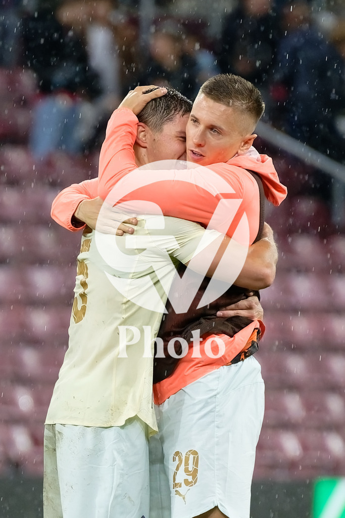 UEFA Conference League Play-offs 2nd leg - Servette FC v FC Shakhtar Donetsk | Yehor Nazaryna (29 FC Shakhtar Donetsk) and Valeriy Bondar (5 FC Shakhtar Donetsk) celebrate after winning  during the UEFA Conference League Play-offs 2nd leg match between Servette FC and FC Shakhtar Donetsk at Stade de Geneve in Geneva, Switzerland
