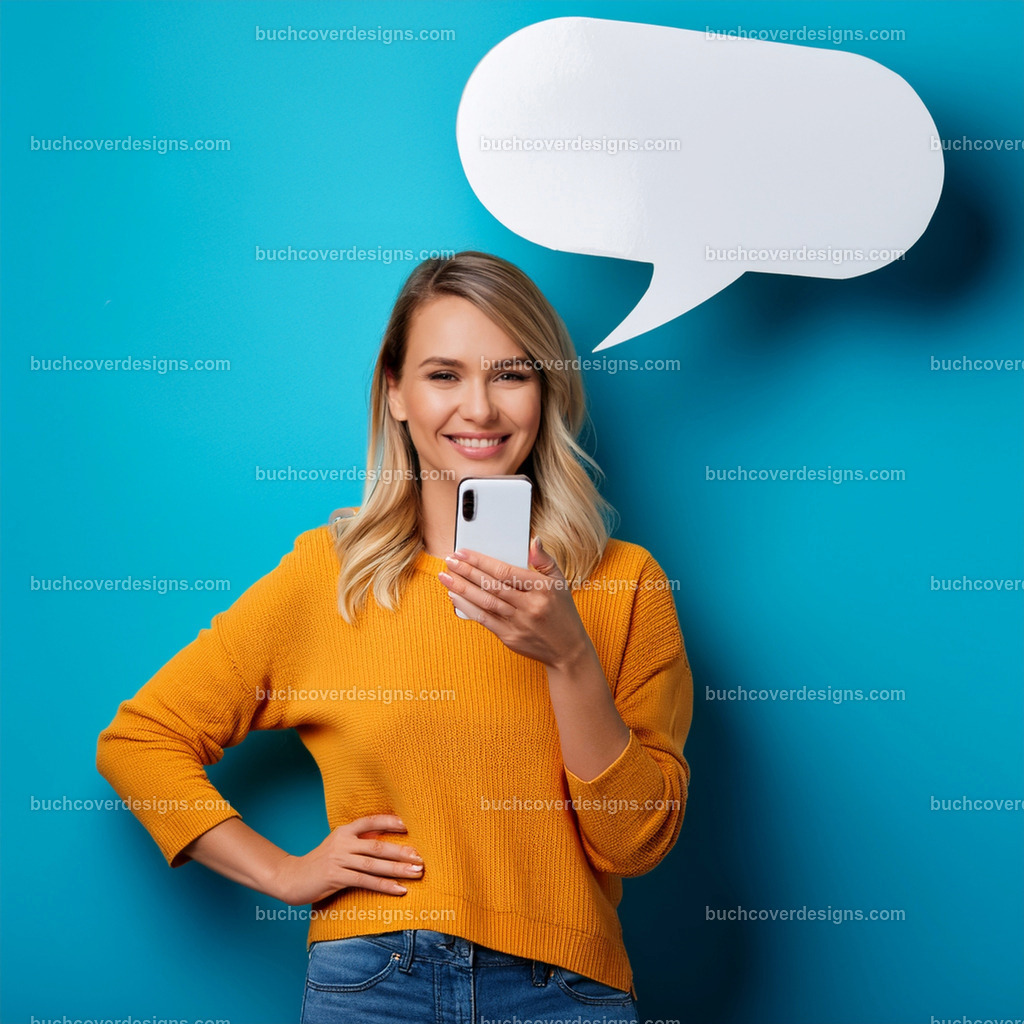 frau mit Mobile Telefon und Sprechblase (34) | Entdecken Sie kreative Buch Cover Designs für Self-Publishing-Autoren und Verlage! Unsere maßgeschneiderten Designs ziehen Leser an und bringen Ihre Geschichten visuell zum Leben. Lassen Sie uns Ihr perfektes Cover gestalten!