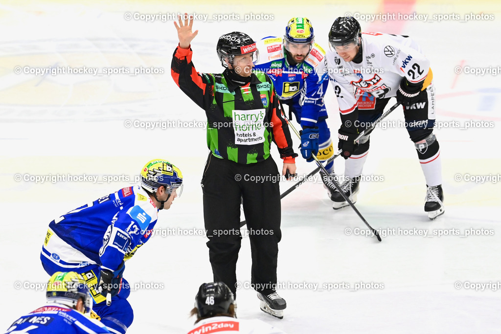 EC IDM Wärmepumpen VSV vs. Pioneers Vorarlberg | REZEK GREGOR Referee, #12 Brett Budgell EC VSV, #74 Joel Teasdale EVC VSV, #22 Luca Erne Pioneers Vorarlberg, EC IDM Wärmepumpen VSV vs. Pioneers Vorarlberg, EC IDM Wärmepumpen VSV vs. Pioneers Vorarlberg am 22.02.2026 in Villach (Stadthalle Villach), Austria, (Photo by Bernd Stefan)