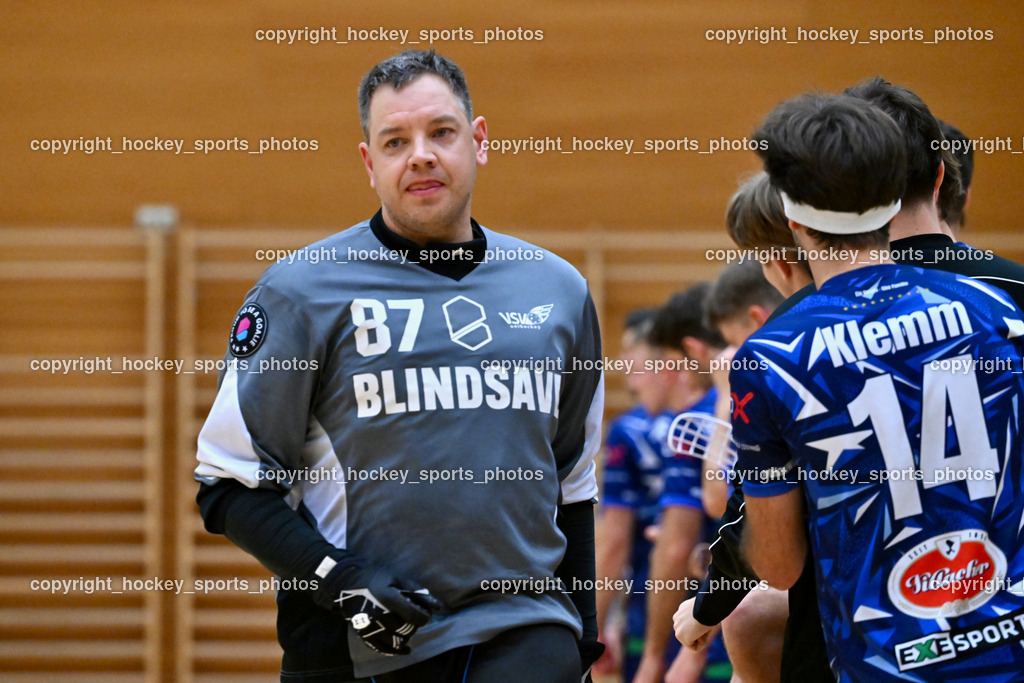 VSV Unihockey vs. SZPK Floorball | #87 Timmo Taurer VSV Unihockey, #14 Michael Klemm VSV Unihockey, VSV Unihockey vs. SZPK Floorball, VSV Unihockey vs. SZPK Floorball am 23.11.2024 in Villach (Ballspielhalle St. Martin), Austria, (Photo by Bernd Stefan)